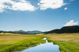 PTranquil landscape in New Mexico with a stream running through a large meadow in the Valles Caldera national preserve. Peace and tranquility are possible if you're feeling too stressed. Stress management counseling w/ the Santa Fe therapist can help. 87544, 87122, 87506, 87048, 87501