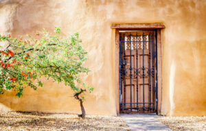Beautiful adobe wall, with a wrought-iron gate and a small tree growing in front. Emotional safety is necessary for happiness. If you're not feeling safe with your emotions and vulnerability, please reach out to The Santa Fe Therapist. Online counseling New Mexico. 87506, 87505, 87544, 87048